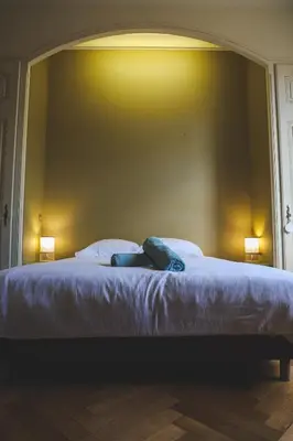 a bedroom with a large bed with two pillows at Le Nid Urbain, terrasse, garage et confort in Carcassonne