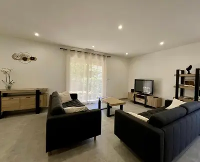 a living room with two couches and a tv at Chez Nous, Chez Vous ! in La Redorte