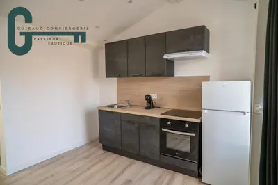 a kitchen with a white refrigerator and a sink at Cœur de ville studio lumineux in Castelnaudary