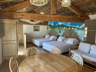 a living room with two beds and a table at Studio Tahiti du Cloitre in Narbonne