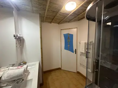 a bathroom with a shower and a glass door at Studio Tahiti du Cloitre in Narbonne