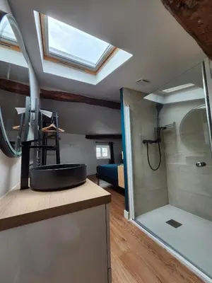 a bathroom with a sink and a shower in a room at Grand T4 lumineux 200 m du port in Castelnaudary