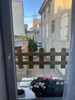 a view of a balcony with a table and flowers at Grain de sel in Sigean