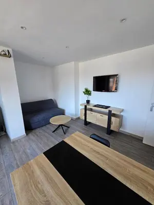 a living room with a couch and a tv at Sejour plage Port-la-Nouvelle in Port-la-Nouvelle