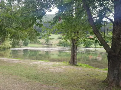 a body of water with two trees next to it at La Maison de Léonie in Camurac