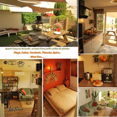 a collage of four pictures of a house at Gruissan Terrasse jardin cosy et au calme in Gruissan