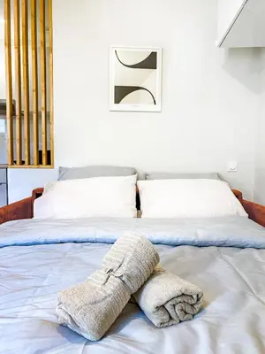 a bed with a towel laying on top of it at Le Goya, parenthèse artistique in Castres