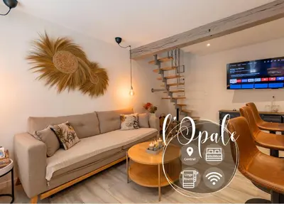 a living room with a couch and a table at L'Opale - Duplex Calme & Confort en Hypercentre in Castres