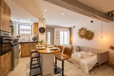 a kitchen and living room with a table and a couch at L'Opale - Duplex Calme & Confort en Hypercentre in Castres