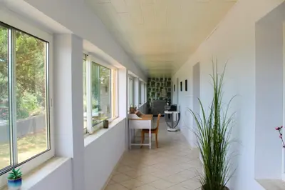 a hallway with white walls and windows and a plant at Au Cammazou in Villanière
