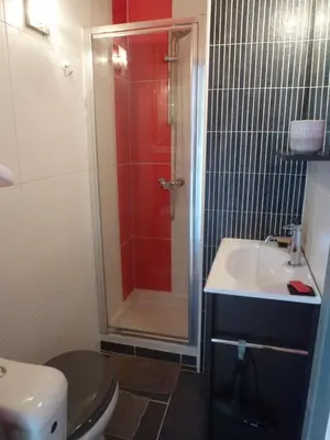 a bathroom with a shower and a toilet and a sink at Maison de vacances avec piscine en bord de mer in Lapalme