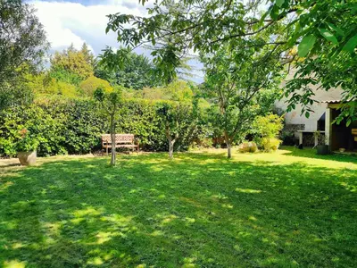 a yard with a bench and trees and a house at La maison gourmande in Alzonne