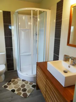 a bathroom with a shower and a sink at La maison gourmande in Alzonne