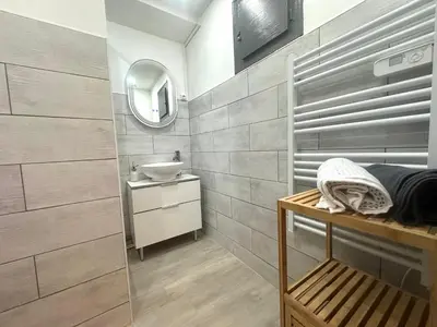 a bathroom with a sink and a mirror at Jolie 2 pièces centre ville in Narbonne