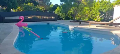 a fake pink flamingo in a swimming pool at De l'étang de BAGES au massif de la Clape in Narbonne
