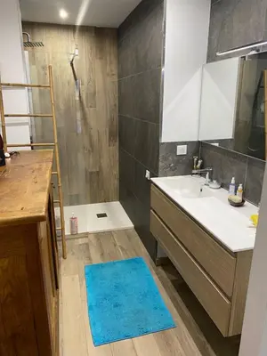 a bathroom with a sink and a shower at Maison bougainvillier Gruissan Village in Gruissan