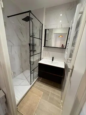 a white bathroom with a sink and a shower at Lylo in Carcassonne