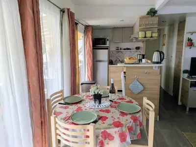 a kitchen and a living room with a table and a couch at Mobil home 6 à 8 personnes climatisé in Saint-Papoul