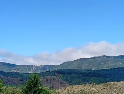 a view of a mountain range with trees and mountains at Appartement prémian in Prémian