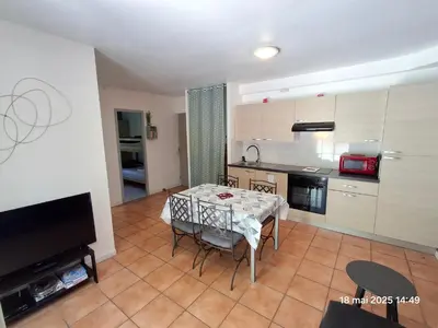 a kitchen and dining room with a table and a television at Gites Villa Robinson in Mazamet