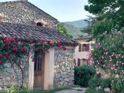 a house with roses on the side of it at Relais de Laval in Caudiès-de-Fenouillèdes