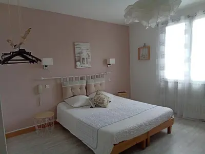 a bedroom with a bed with a cat sitting on it at Le Mauzac chambre Zen in Limoux