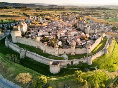 an aerial view of a castle at Appartement Lumineux Carcassonne Centre in Carcassonne