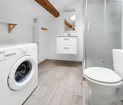 a white bathroom with a washing machine and a toilet at Appartement Lumineux Carcassonne Centre in Carcassonne