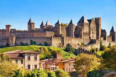 a large castle sitting on top of a hill at Appartement Lumineux Carcassonne Centre in Carcassonne