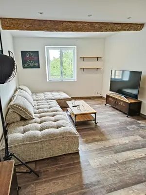 a living room with a couch and a flat screen tv at Maison 4 pers, calme et confort in Opoul-Périllos