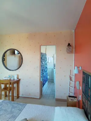 a bedroom with a bed and a table and a mirror at Chambre la Limouxine in Limoux