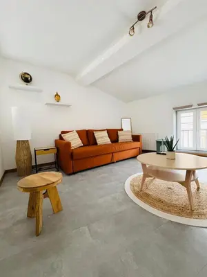 a living room with a couch and a table at Le Toit Terrasse l 2 chambres l Terrasse in Castres