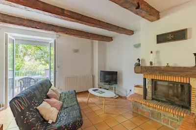 a living room with a fireplace and a couch at La Pause Verte - 30min de Castre in Montredon-Labessonnié