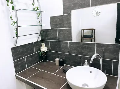 a bathroom with a white sink and a mirror at Appartement avec Patio in Carcassonne