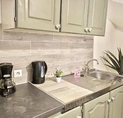 a kitchen with a sink and a counter top at Les Studios de la Bastide in Carcassonne
