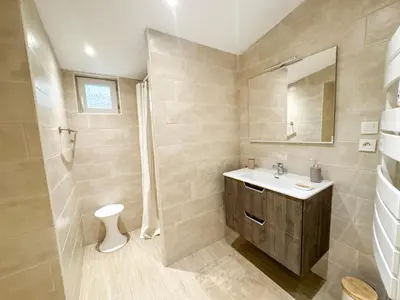 a bathroom with a sink and a shower and a mirror at Maison La Djoon,Vue Cité, centre ville Spa Jardin in Carcassonne