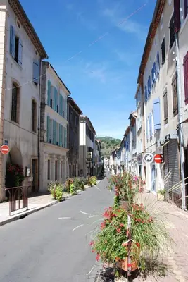 an empty street in a town with buildings and flowers at Pyrenees,Hiking, Cycling, Rafting,Fishing,4 Bed Apartment, Roof Terrace in Quillan