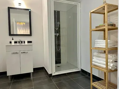 a bathroom with a shower and a sink and a mirror at Appartement T2 Méditerranéen in Narbonne