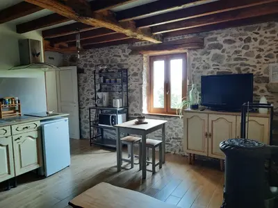 a kitchen with a table and a tv in a room at gîte les Libellules in Saint-Salvy-de-la-Balme