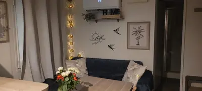 a living room with a blue couch with a vase of flowers at Mobile Home climatisé 2 chambres Port La Nouvelle in Port-la-Nouvelle