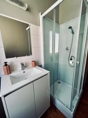 a bathroom with a sink and a shower at Canalentin in Castelnaudary