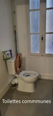 a bathroom with a toilet with the seat up at Chambre 1 - avec grande terrasse in Port-la-Nouvelle