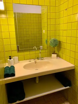 a yellow tiled bathroom with a sink and a mirror at Studio Carcassonne Hyper Centre in Carcassonne