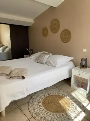 a bedroom with a large white bed and a rug at Villa Bel Air in Puisserguier