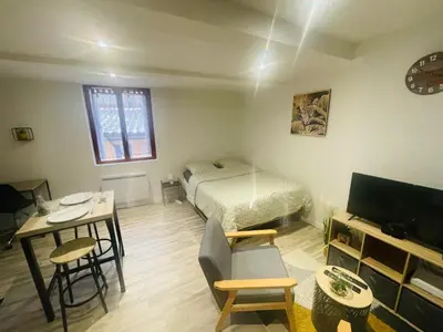 a bedroom with a bed and a table and a tv at Studette narbonaise in Narbonne