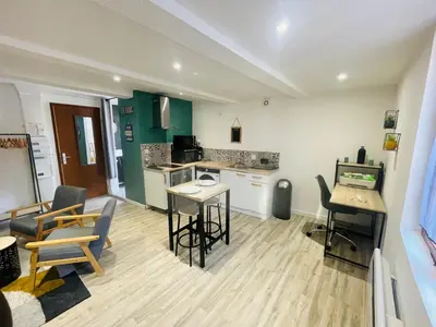 a room with a kitchen and a living room at Studette narbonaise in Narbonne