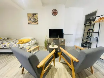 a living room with two chairs and a bed at Studette narbonaise in Narbonne
