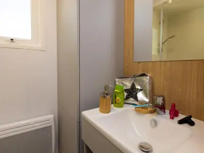 a bathroom with a white sink and a mirror at Mobil home spacieux avec terrasse pour 8 personnes - API-1-52-793 in Lézignan-Corbières