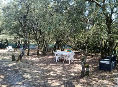 a picnic table in the shade of trees at Les Yeuses in Brousses-et-Villaret