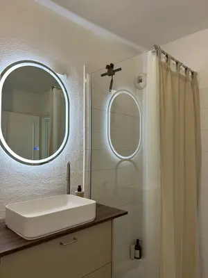 a bathroom with a sink and a mirror and a shower at Apt T2 moderne & lumineux in Narbonne